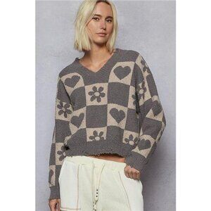 ✨NWT‎ POL V-Neck Heart Pattern Checkered Sweater